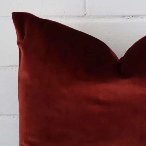 Close up of a velvet square cushion in rust.