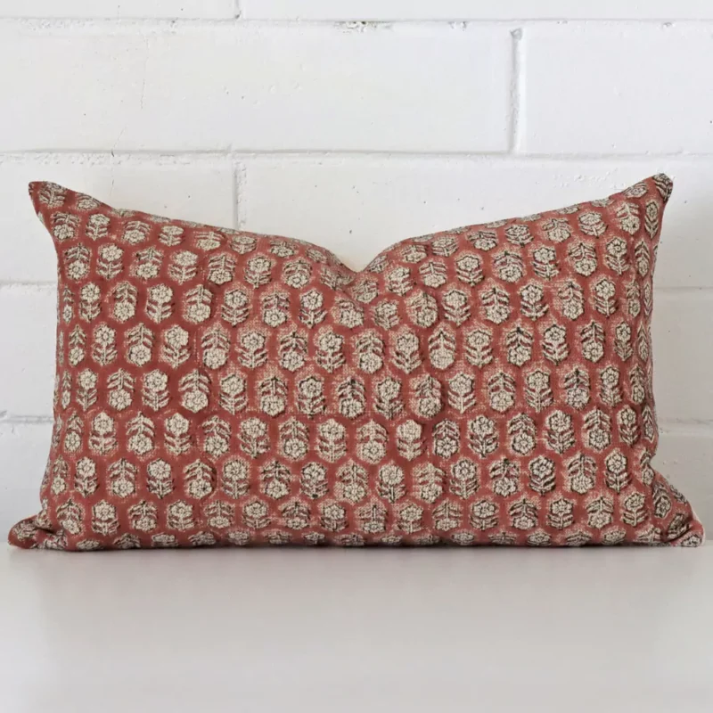 sia-floral-designer-cushion-cover-rectangle-art114-30b Floral cushion leans elegantly against a brick wall. It has been crafted from a high quality designer material and has a rectangle shape.