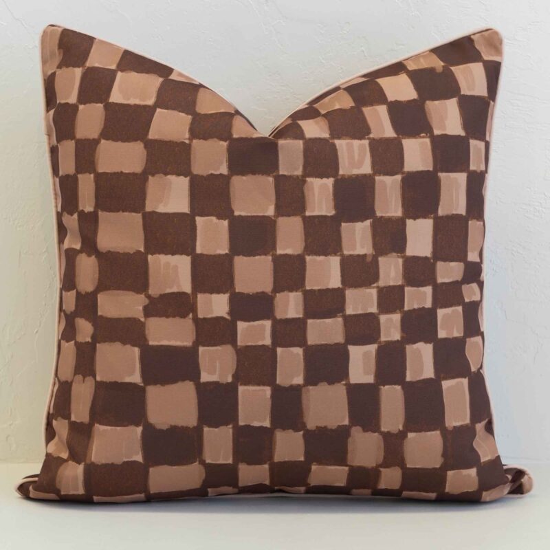 sienna-waterproof-checkered-outdoor-cushion-cover---sc1154-45 Sienna outdoor cushion with brown and beige checkered pattern.