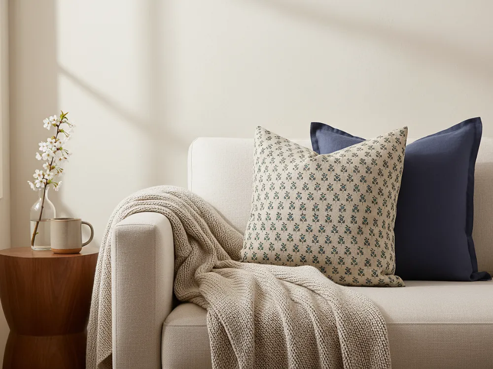 A soft lit room with a beige couch hosting two linen cushions.