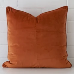 A bold velvet cushion in a sleek ractangle size with a terracotta tone of colour.