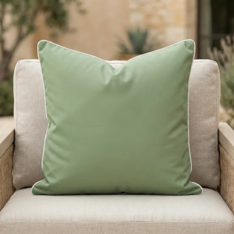 Tropica green cushion with white piping on outdoor armchair seat.