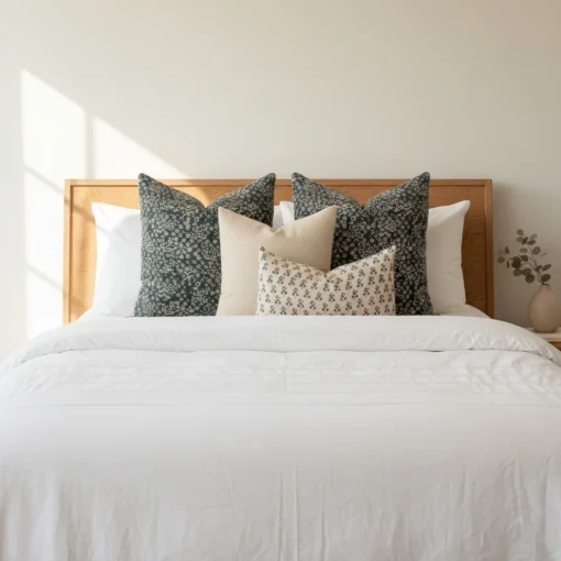 A white bed showcasing a set of 4 Vada designer cushion covers.