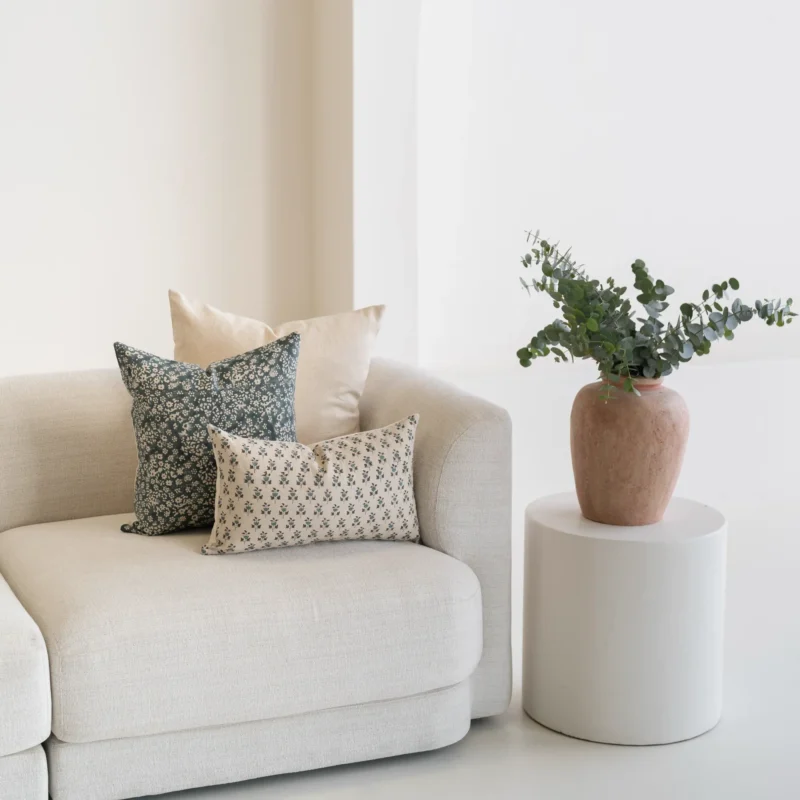A sofa next to a plant displaying 3 designer covers from the Vada set.