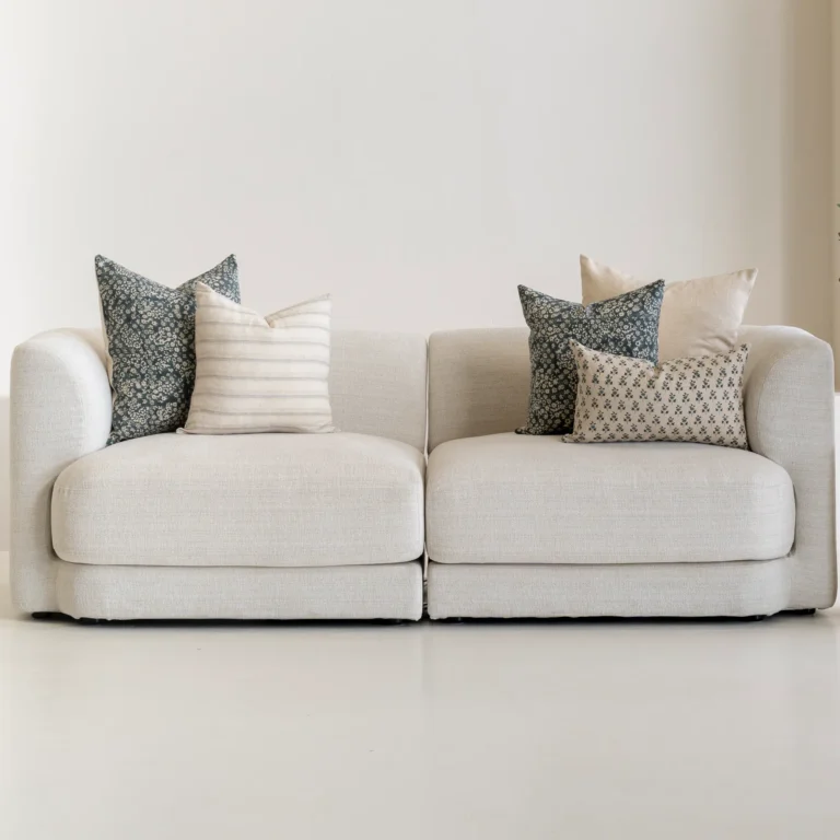 A living room with a natural-coloured sofa showcasing 5 designer Vada cushion covers.